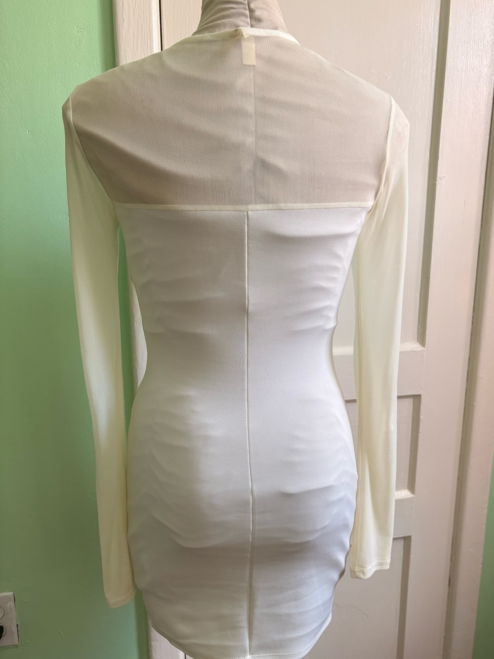 Cream Teal Mint Long Sleeve Mesh Panel Bodycon Dress - Picture 5 of 8
